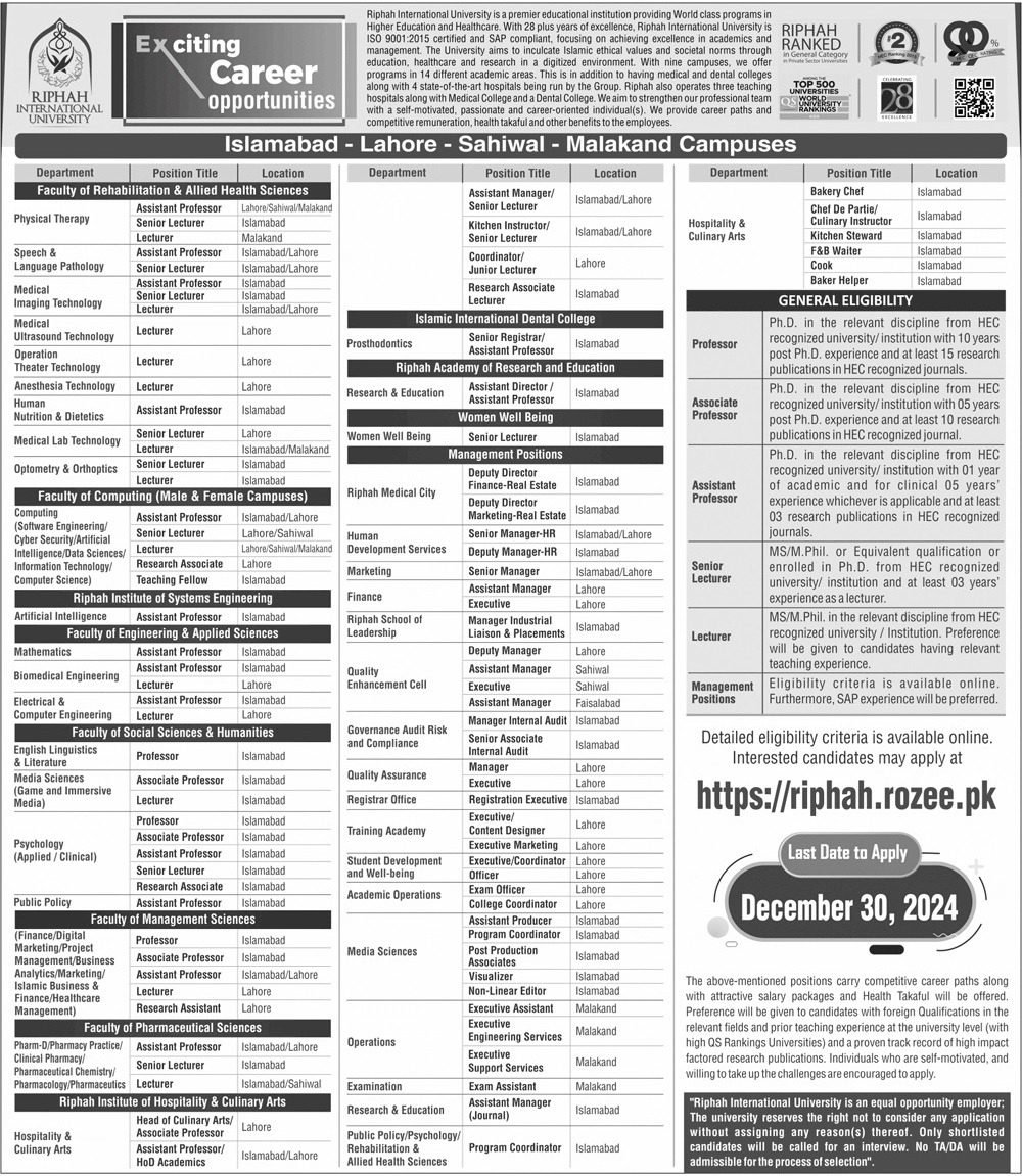 Riphah International University RIU Jobs 2025 Advertisement