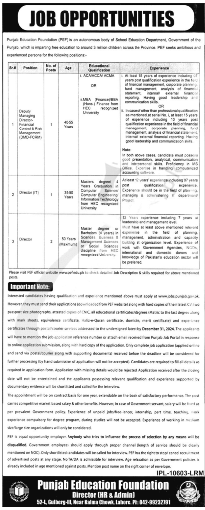 PEF Education Jobs 2025 Advertisement