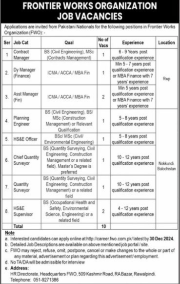 FWO Jobs 2024 Apply Online Advertisement