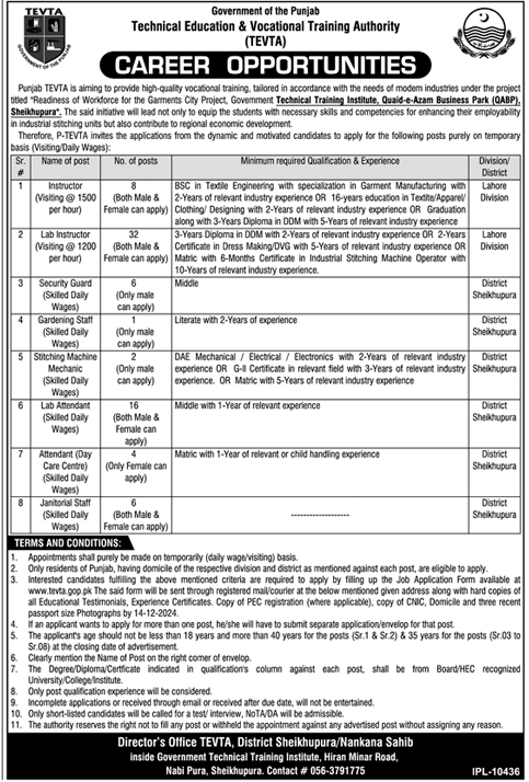 TEVTA Punjab Sheikhupura Jobs 2025 Advertisement