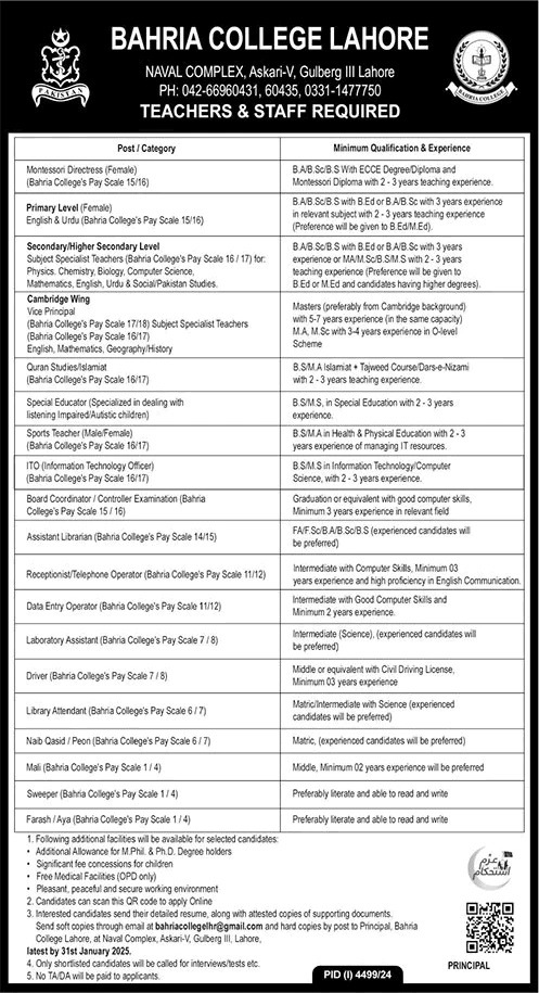 Lahore Bahria College Jobs 2025 Advertisement