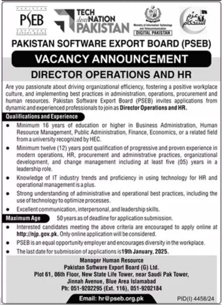 Pakistan Software Export Board PSEB Jobs 2025 Advertisement