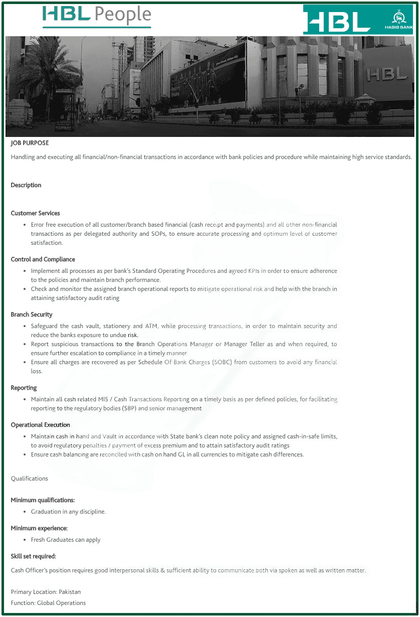 HBL Habib Bank Limited Cash Officer Jobs 2025 Advertisement