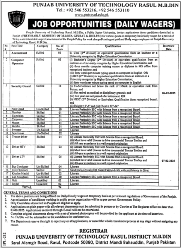 Punjab University of Technology Rasul Jobs 2025 Apply Online Advertisement