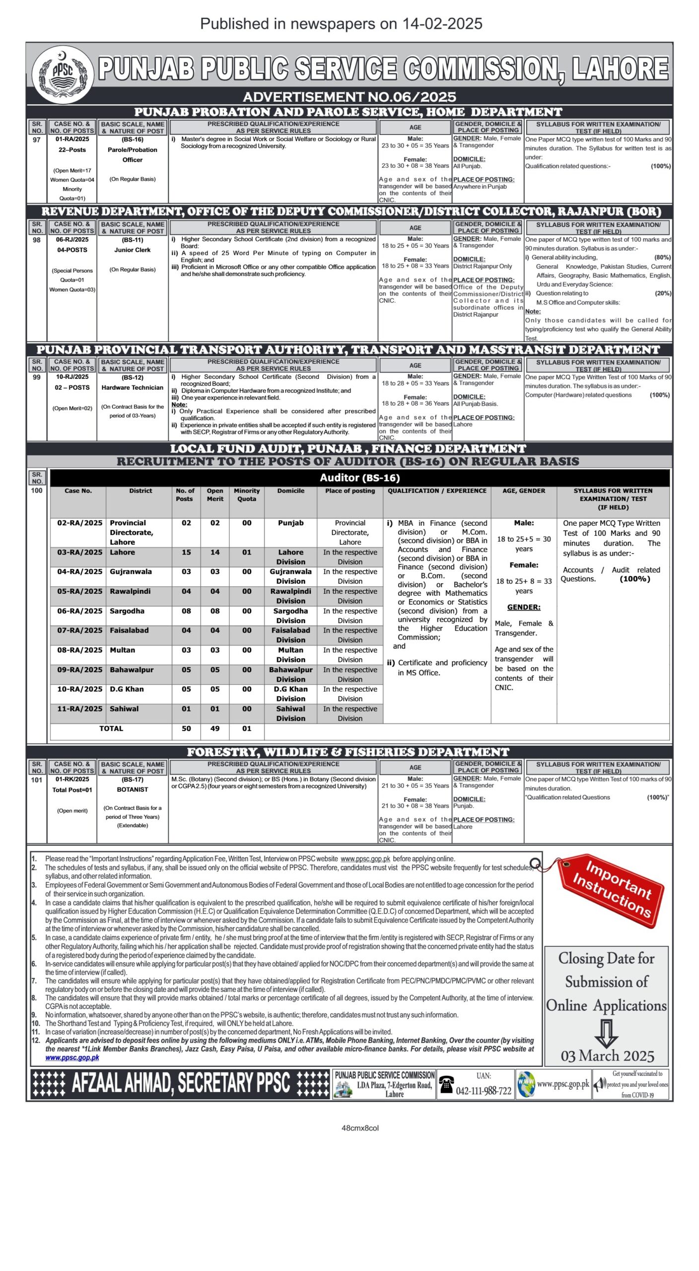 Punjab Public Service Commission (PPSC) Job Advertisement No. 06/2025