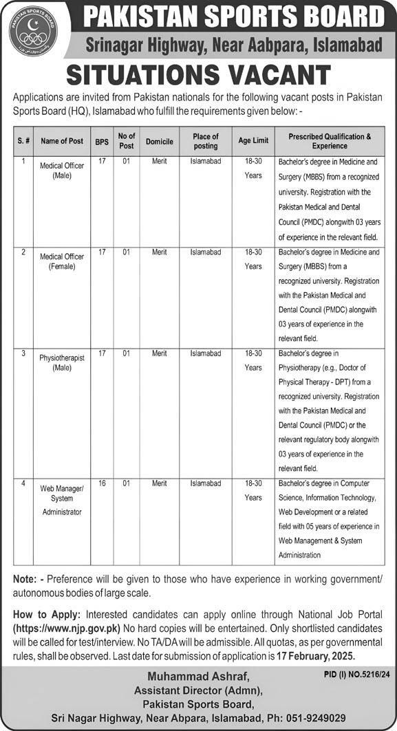 Pakistan Sports Board PSB Jobs 2025 Apply Online