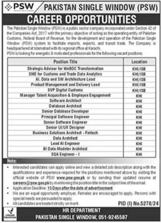 Pakistan Single Window PSW Jobs 2025 Apply Online