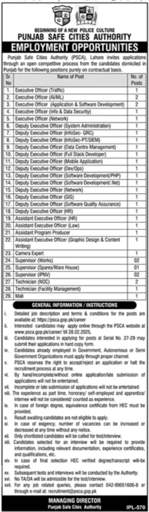 Punjab Safe Cities Authority (PSCA) Jobs 2025