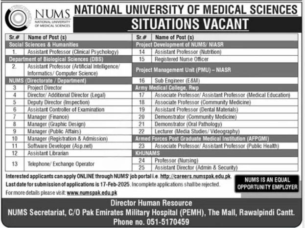 NUMS Jobs 2025 National University of Medical Sciences