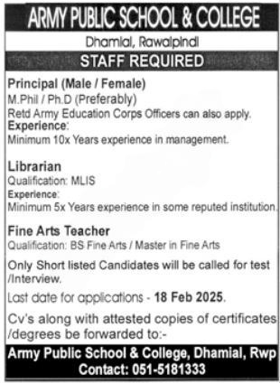 Army Public School & College Rawalpindi Jobs 2025 Online Apply 