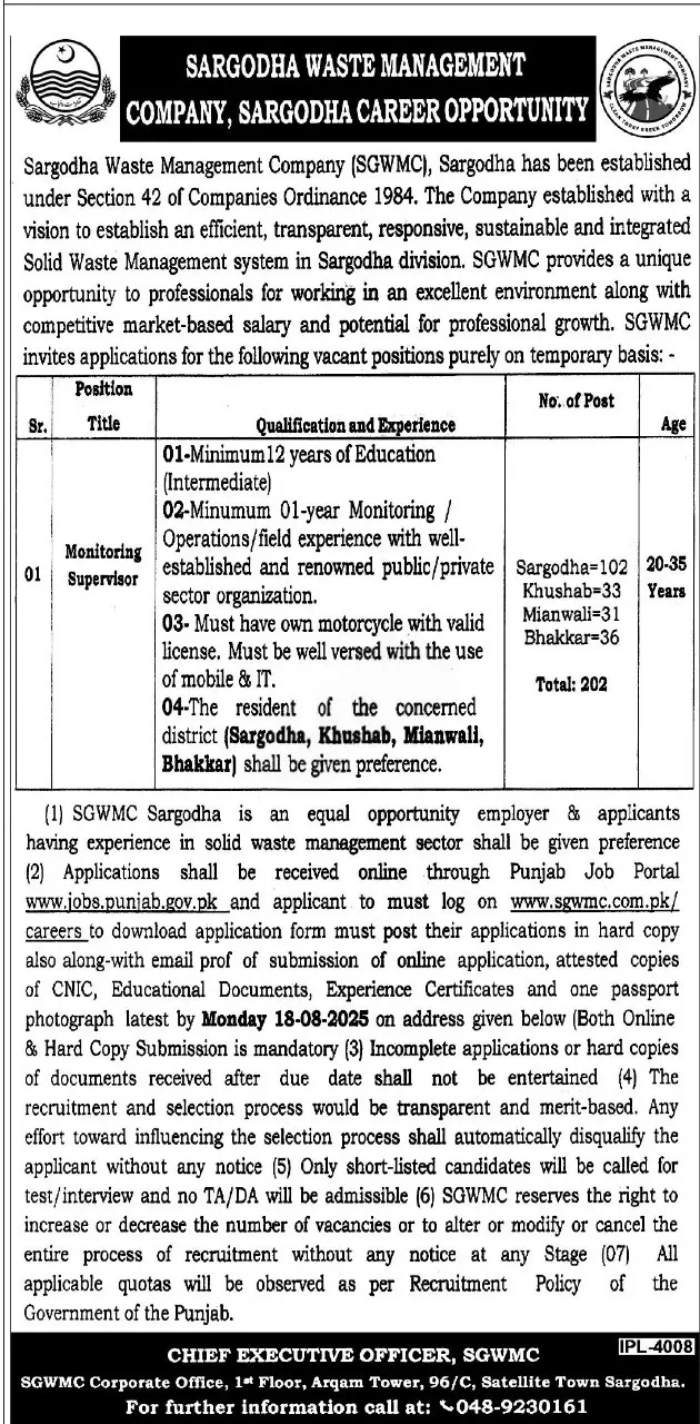 Sargodha Waste Management Company Jobs 2025 – Apply Online